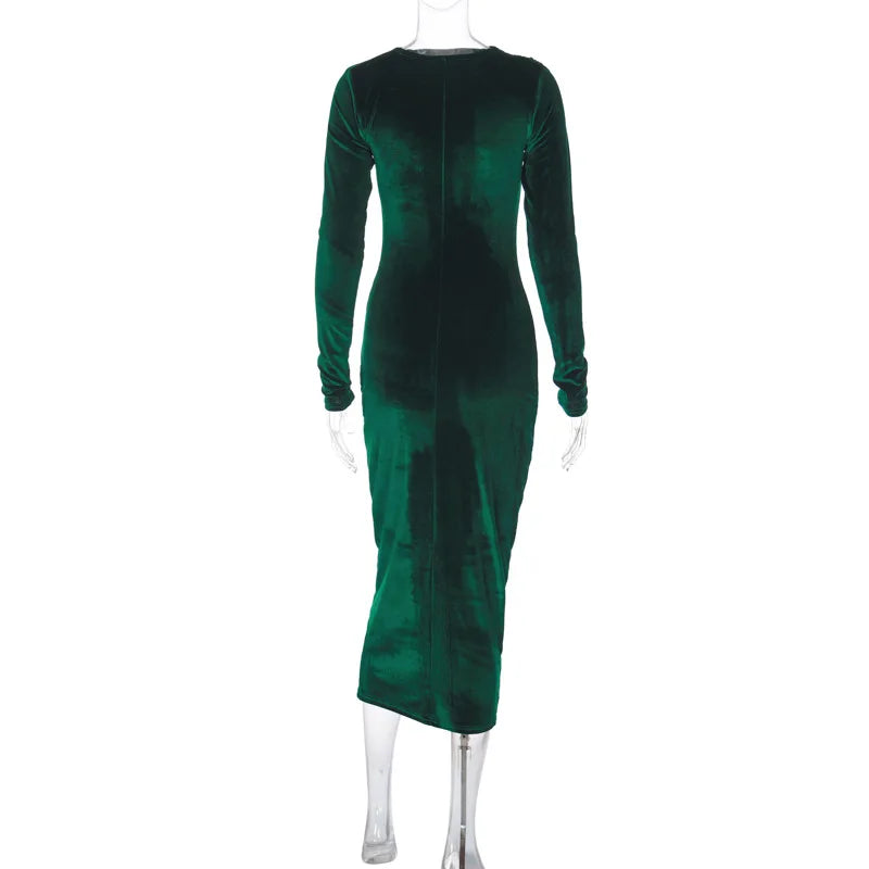 "Dulzura Velvet Long Sleeve Midi Dress for Women – Ruched Elegant Party Wear, Spring Summer 2024 Evening Green Outfi - Faith Affinity