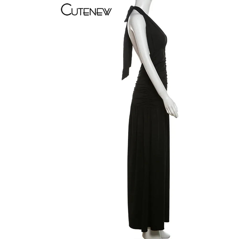 "Nibber Women's Elegant Long Dress - Solid Hipster Halter V-Neck Backless with Shirring & Side Split, High Street Vestidos" - Faith Affinity