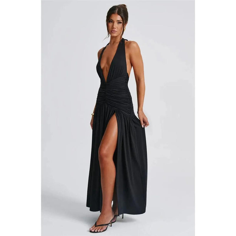 Mozision Women’s Halter Deep V-Neck Backless Maxi Dress - Sexy Sleeveless Thigh-High Split Elegant Long Dress - Faith Affinity