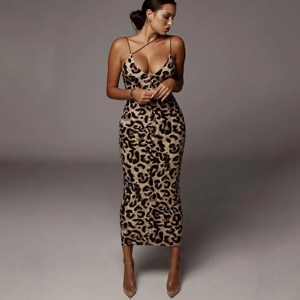 "2025 Women's Leopard Print Sleeveless V-Neck Midi Dress - Sexy Spring Streetwear Christmas Party Outfit, Fashionable Women’s Clothing" - Faith Affinity