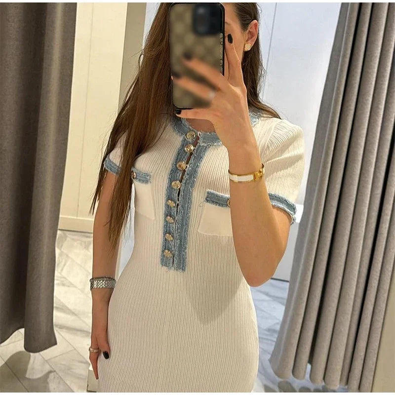 Women’s Elegant V-Neck Denim Patchwork Knitted Long Dress - Short Sleeved Button Bodycon Dress with Pockets for Office Lady Fashion