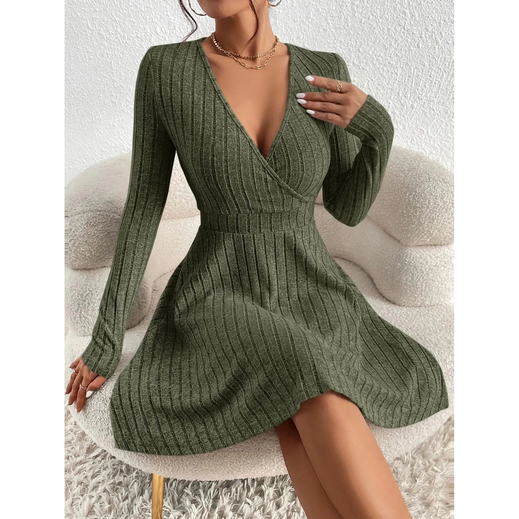 "Women’s Knit Bodycon Dress – V-Neck Long Sleeve Slim Fit Casual Midi Sweater Dress for Autumn Winter 2025" - Faith Affinity