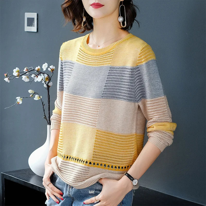 "WTEMPO Women’s Thin Hollow Knit Sweater - Long Sleeve Striped Loose Top for Spring and Autumn Fashion" - Faith Affinity