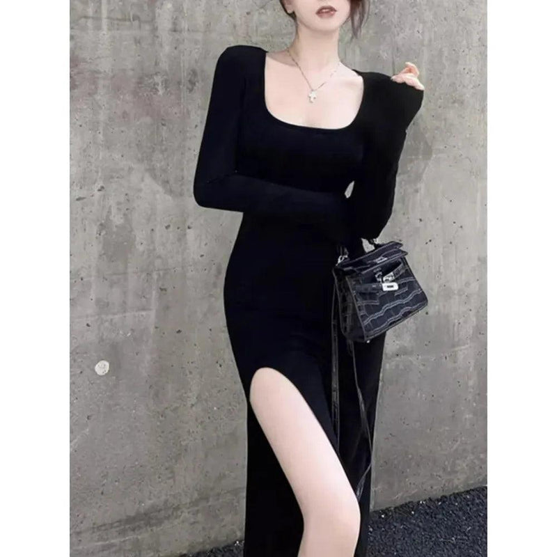 Sexy Side Slit Dress for Women Tight-fitting Wrap Hip Over-the-knee Long Sleeved Dresses Black Street Bodycon Spring Autumn - Faith Affinity