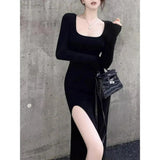 Sexy Side Slit Dress for Women Tight-fitting Wrap Hip Over-the-knee Long Sleeved Dresses Black Street Bodycon Spring Autumn - Faith Affinity