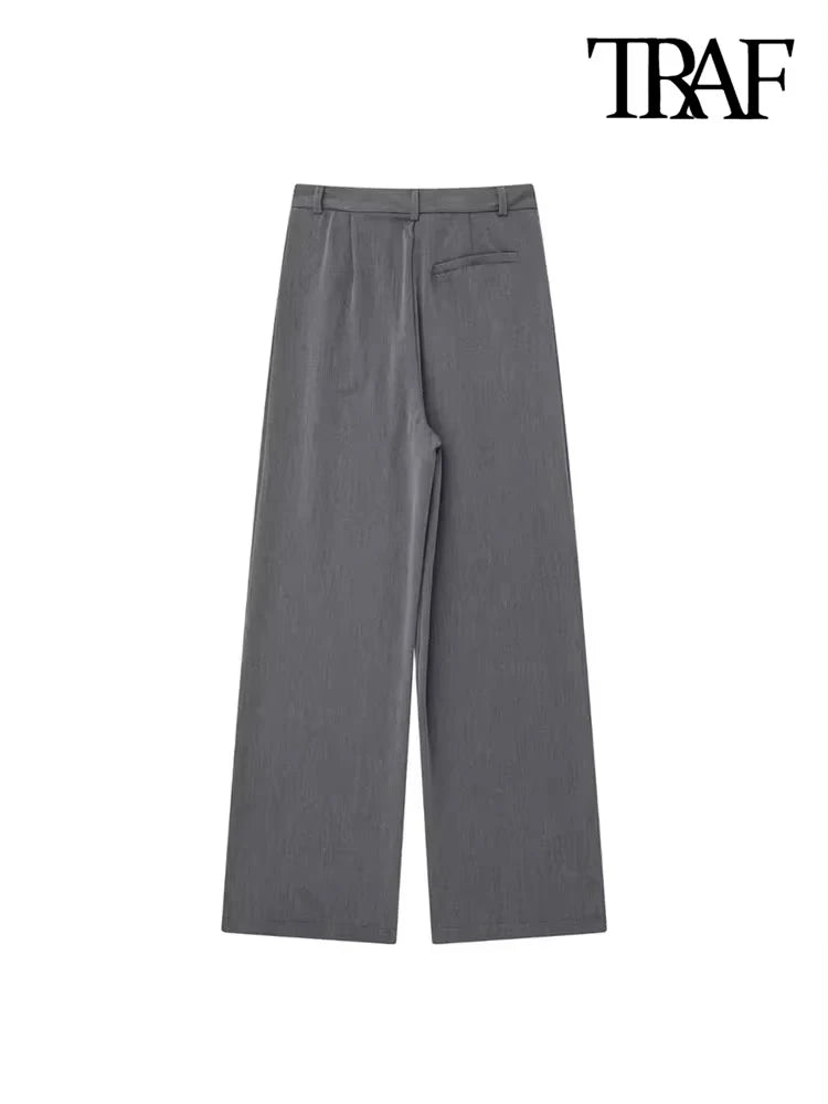 "TRAF Women's Vintage High Waist Wide Leg Pants with Front Darts & Pockets - Zipper Fly, Fashion Female Trousers"