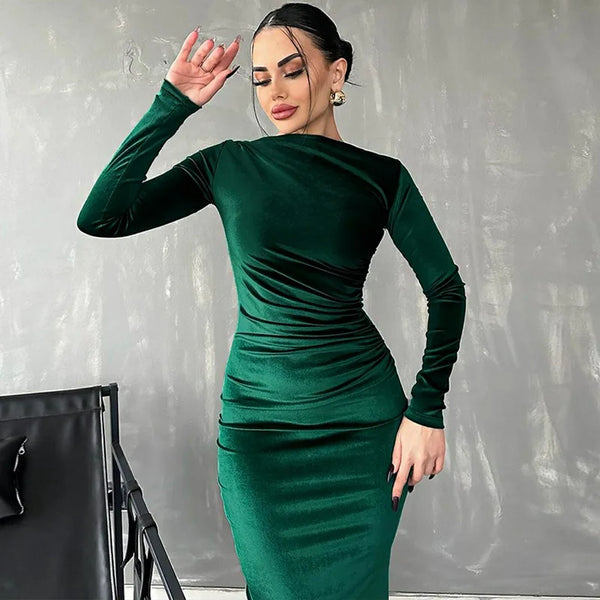 "Dulzura Velvet Long Sleeve Midi Dress for Women – Ruched Elegant Party Wear, Spring Summer 2024 Evening Green Outfi - Faith Affinity