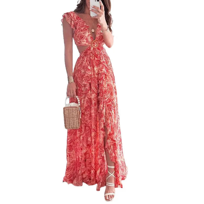 "2025 Women’s Summer Fashion Printed Deep V Dress - Sexy Waist-Exposed Pleated Maxi Outfit" - Faith Affinity