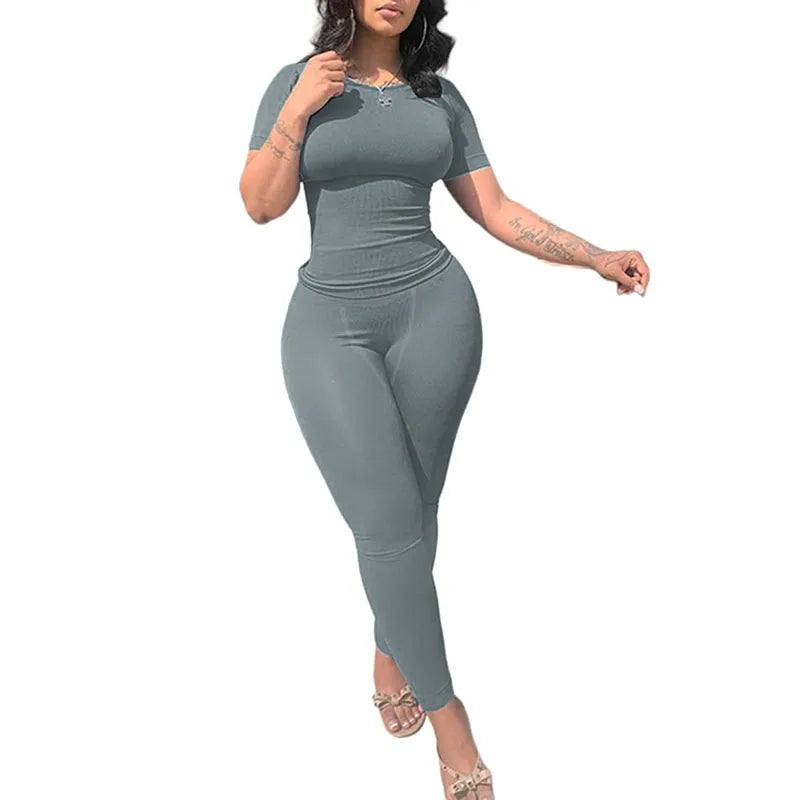 "Women's Lounge Wear Ribbed Casual 2-Piece Summer Shorts Set - Fashion Top & Elastic Leggings Outfits"