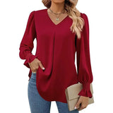 "Women’s Solid Color Chiffon Shirt – V-Neck Pullover Flared Long Sleeves Office Blouse in Elegant Khaki" - Faith Affinity