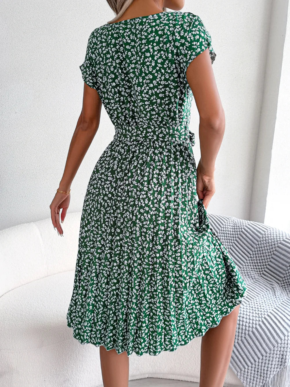 "Women's Floral High Waist A-Line Long Dress - Spring Summer Chic Fashion, Short Sleeve Pleated Maxi Dress"