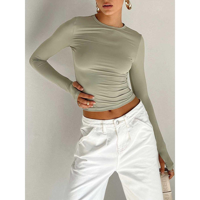 "Women's Long Sleeve Crew Neck Slim Fit Crop Top - Solid Fashion with Thumb Holes for Streetwear and Summer Outfits" - Faith Affinity