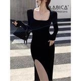 Sexy Side Slit Dress for Women Tight-fitting Wrap Hip Over-the-knee Long Sleeved Dresses Black Street Bodycon Spring Autumn - Faith Affinity