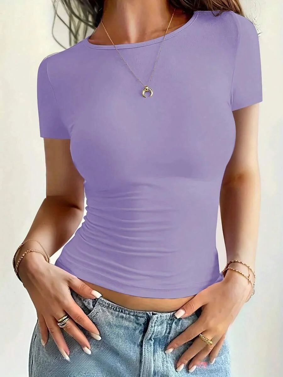 "Women's Scoop Neck Short Sleeve Crop Top - Slim Fit Summer T-Shirts, Cute Y2K Clothing 2025 Fashion"