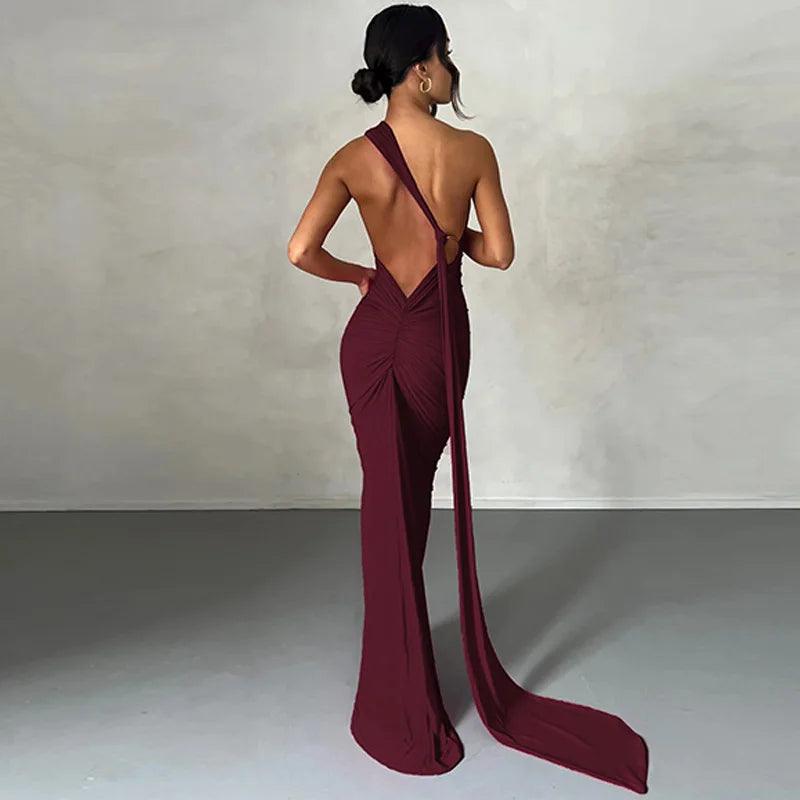 Hugcitar 2025 Women’s One-Shoulder Backless Ruched Maxi Dress - Sexy Adjustable Y2K Streetwear Festival Outfit - Faith Affinity