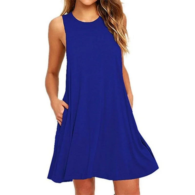 "Women's Casual Summer Dress – Plain Pleated Tank T-Shirt Dress with Pockets, Beach Cover-up"