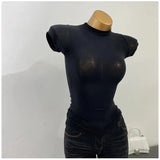 "Women's Half-High Collar Slim Fit T-Shirt - Korean Transparent Short Sleeve Elastic Solid Bottoming Shirt, Sexy Fashion Top" - Faith Affinity