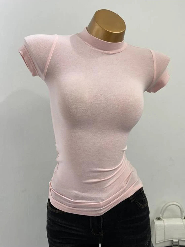 "Women's Half-High Collar Slim Fit T-Shirt - Korean Transparent Short Sleeve Elastic Solid Bottoming Shirt, Sexy Fashion Top"