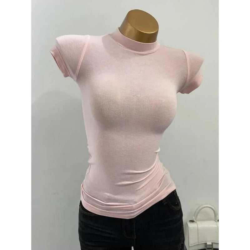 "Women's Half-High Collar Slim Fit T-Shirt - Korean Transparent Short Sleeve Elastic Solid Bottoming Shirt, Sexy Fashion Top" - Faith Affinity