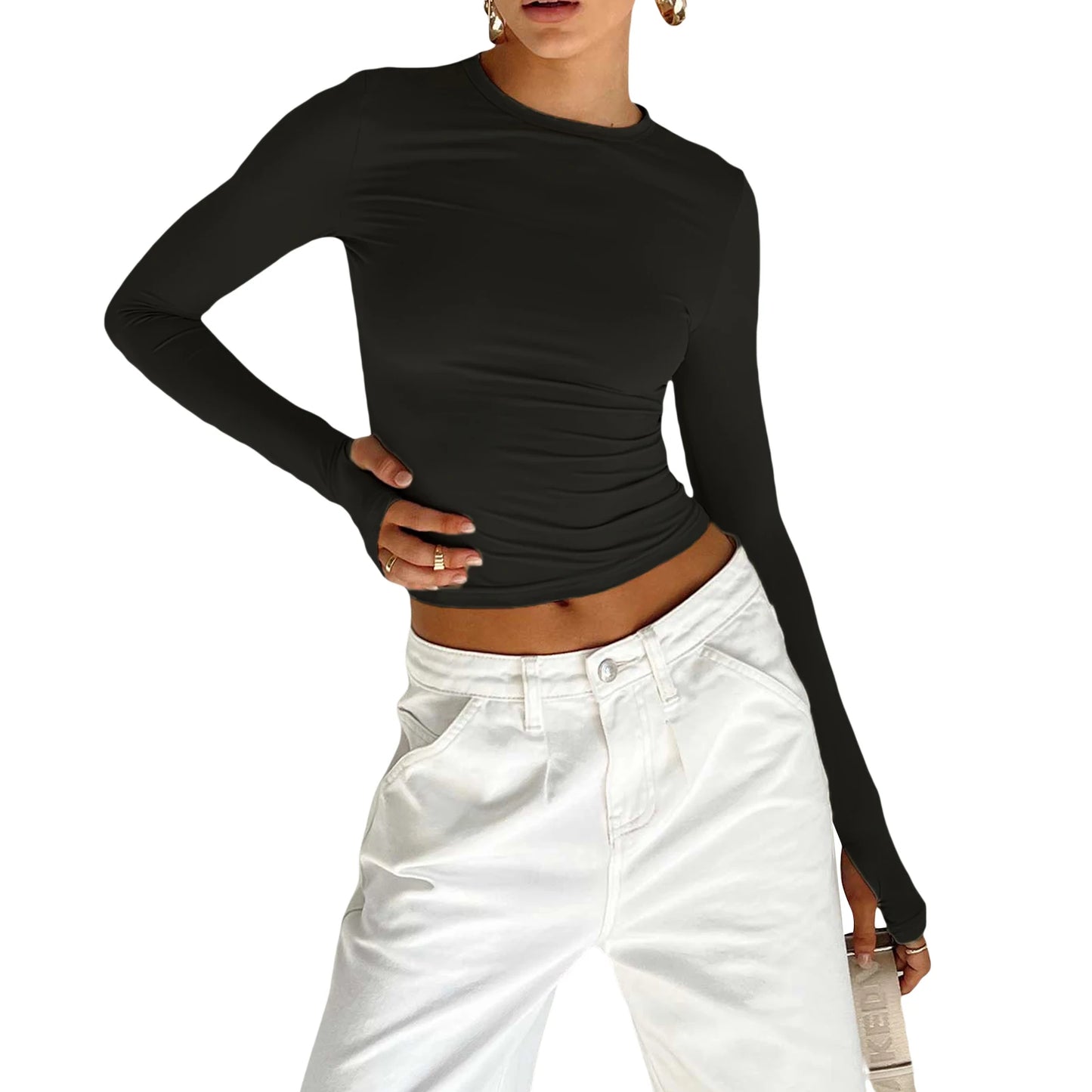 "Women's Long Sleeve Crew Neck Slim Fit Crop Top - Solid Fashion with Thumb Holes for Streetwear and Summer Outfits"