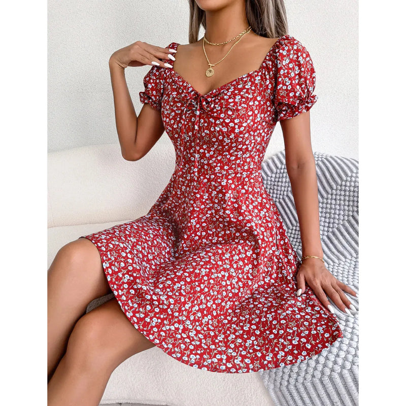 "Spring Summer Floral Ruffles Mini Dress for Women - Square Collar, Casual A-Line Dress with Flare Sleeves and Lace-Up Detail" - Faith Affinity