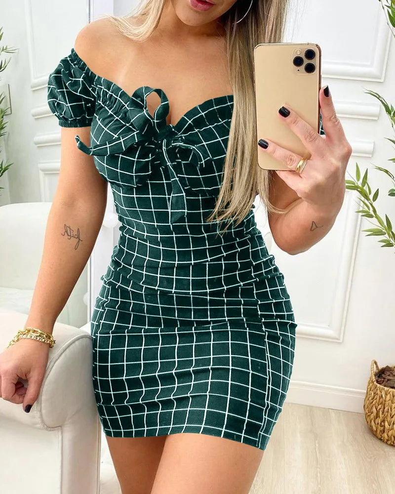 Women’s Sexy Summer Dress - Cross Border Grid Print Short Skirt, Package Buttocks Design Fashion Dress