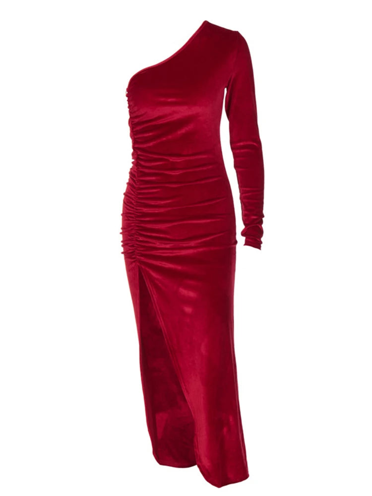 Women’s Elegant Velvet Bodycon Midi Dress - Long Sleeve Split Pencil Dress for Party & Evening Wear, Spring Autumn Fashion