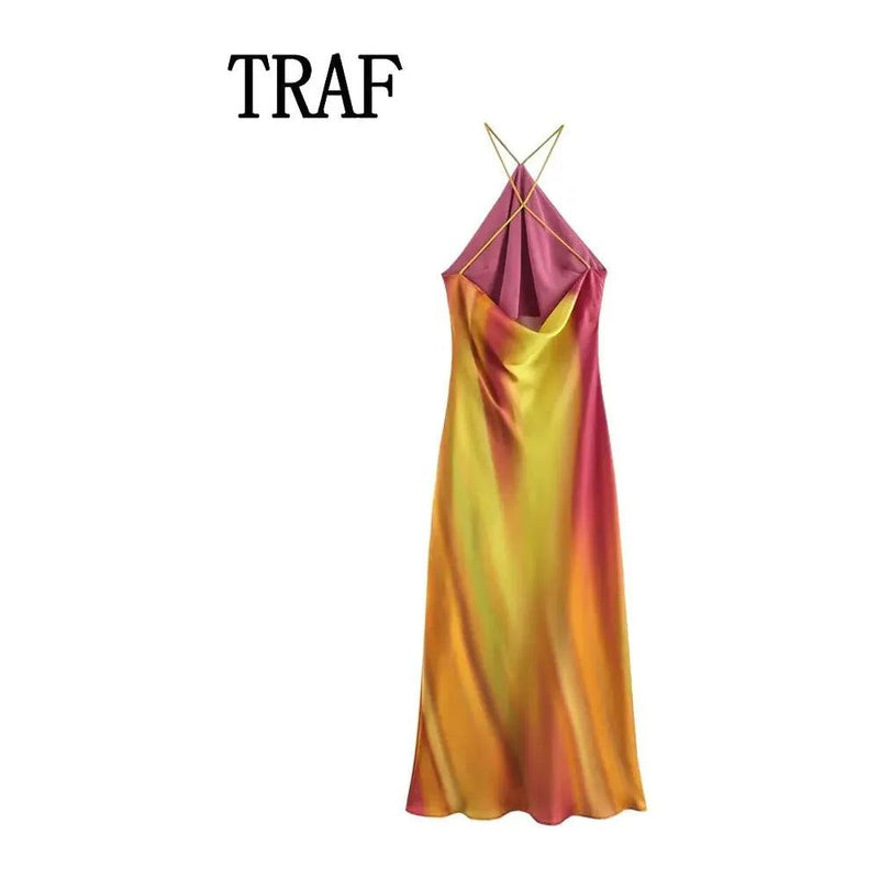 TRAF 2024 Women’s Summer Retro Halter Tie-Dye Dress - Bohemian Style Sleeveless Elegant Fashion Dress - Faith Affinity