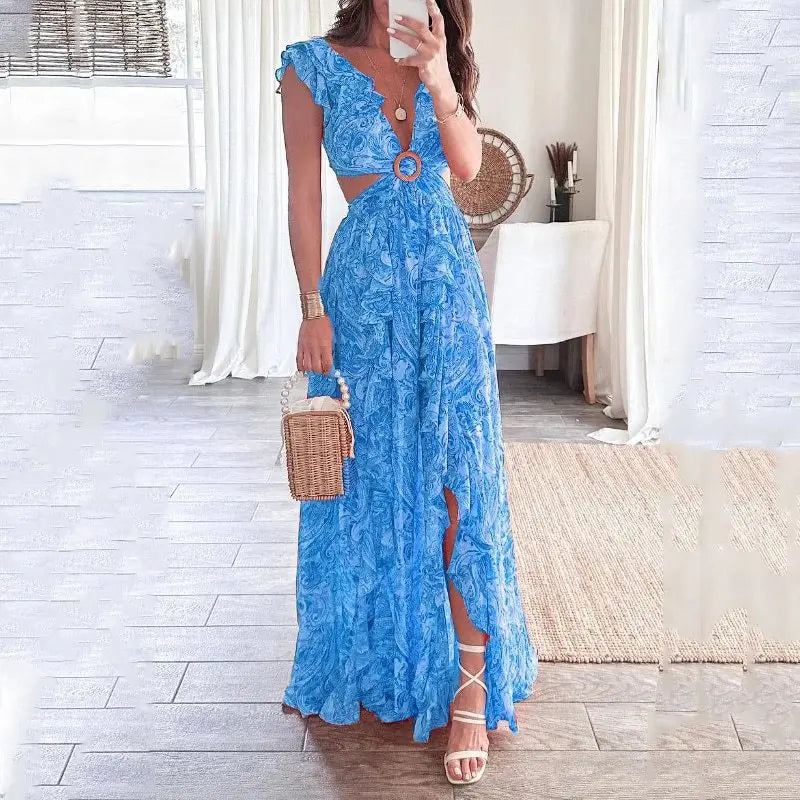 "2025 Women’s Summer Fashion Printed Deep V Dress - Sexy Waist-Exposed Pleated Maxi Outfit" - Faith Affinity