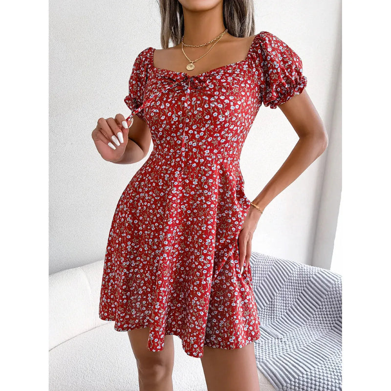 "Spring Summer Floral Ruffles Mini Dress for Women - Square Collar, Casual A-Line Dress with Flare Sleeves and Lace-Up Detail" - Faith Affinity