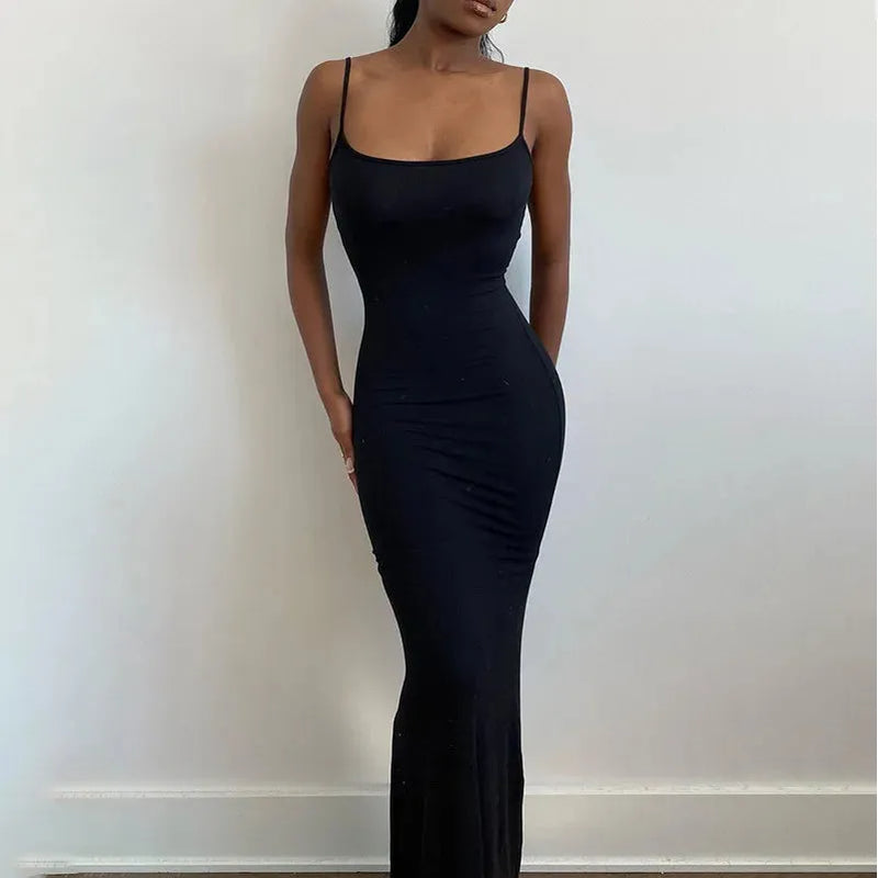 "2025 Summer Sexy Spaghetti Strap Maxi Dress for Women – Sleeveless Black Bodycon Trumpet Dress" - Faith Affinity