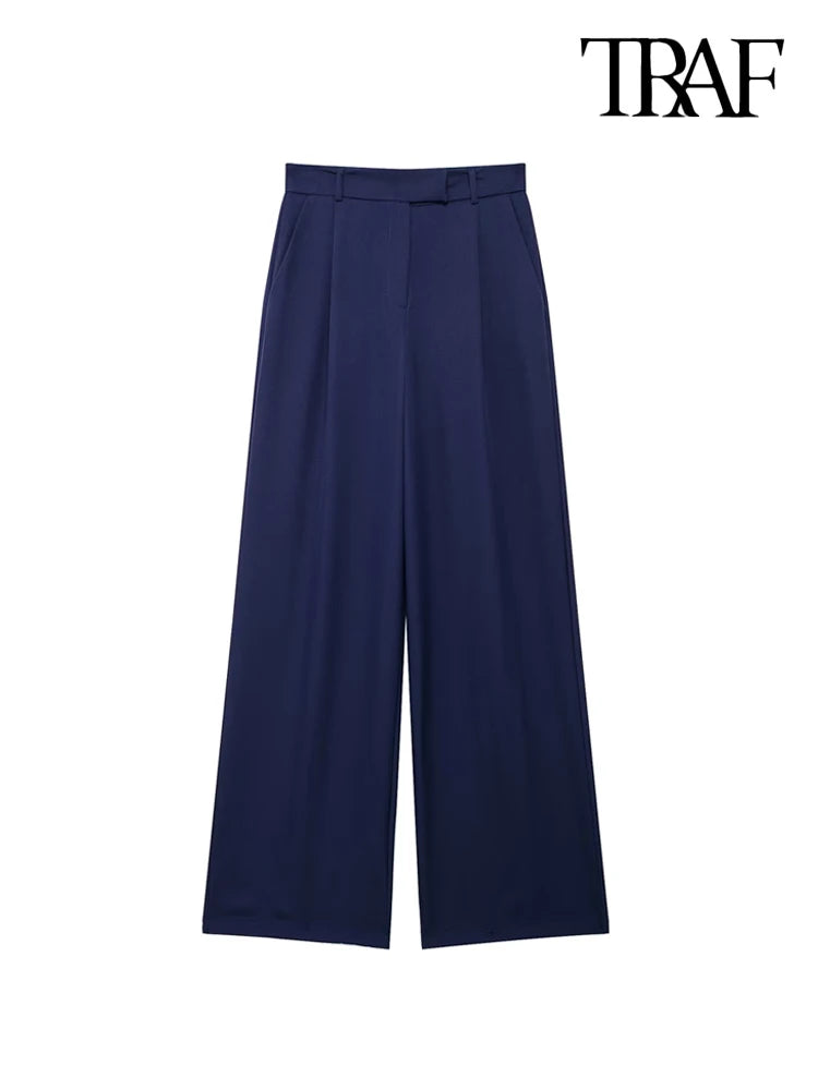 "TRAF Women's Vintage High Waist Wide Leg Pants with Front Darts & Pockets - Zipper Fly, Fashion Female Trousers"