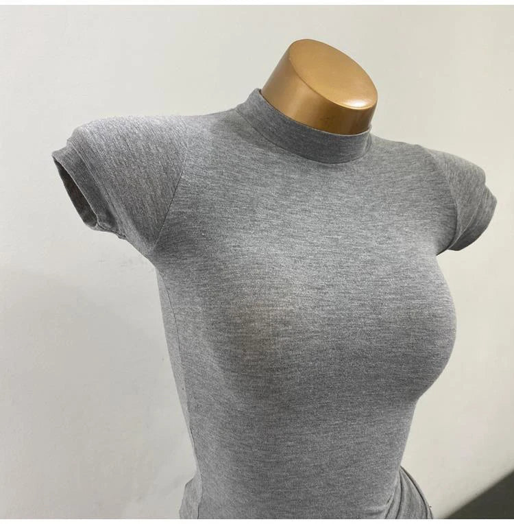 "Women's Half-High Collar Slim Fit T-Shirt - Korean Transparent Short Sleeve Elastic Solid Bottoming Shirt, Sexy Fashion Top"