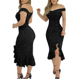 "Women's Sexy Summer Off-Shoulder Dress - Short Sleeve Sequin Ruffle Chiffon Dress with Irregular Hem" - Faith Affinity