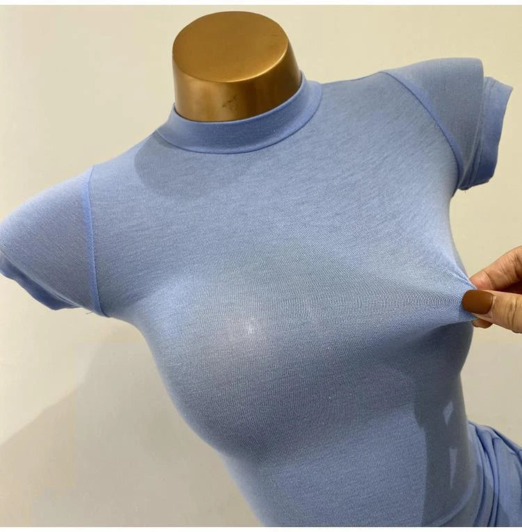 "Women's Half-High Collar Slim Fit T-Shirt - Korean Transparent Short Sleeve Elastic Solid Bottoming Shirt, Sexy Fashion Top"