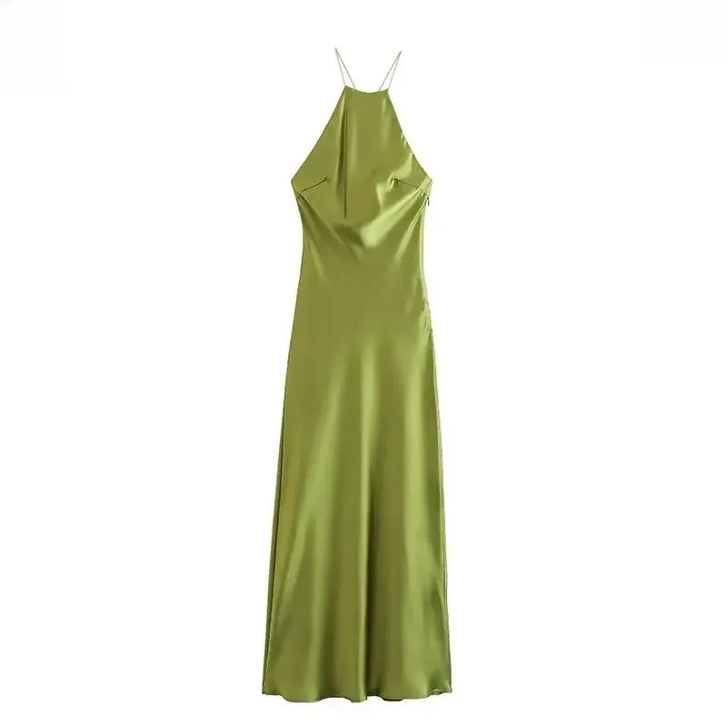 "Women's Fashion Sleeveless Maxi Dress - Summer Silk Satin Outfit for Ladies"