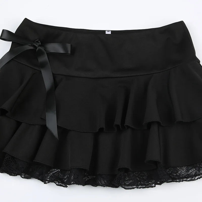 Goth Y2K Black Lace Trim Bow A-Line Mini Skirt for Women – Korean Streetwear Fashion - Faith Affinity