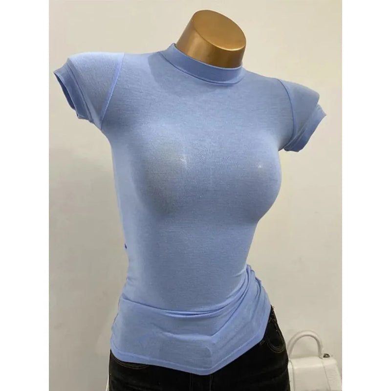 "Women's Half-High Collar Slim Fit T-Shirt - Korean Transparent Short Sleeve Elastic Solid Bottoming Shirt, Sexy Fashion Top" - Faith Affinity