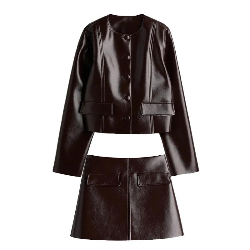 Fashion Leather Mini Skirt Sets Women Y2K Long Sleeve Bike Jacket Hip Package Short Skirt Suits Female Street Motorcycle Outfits - Faith Affinity