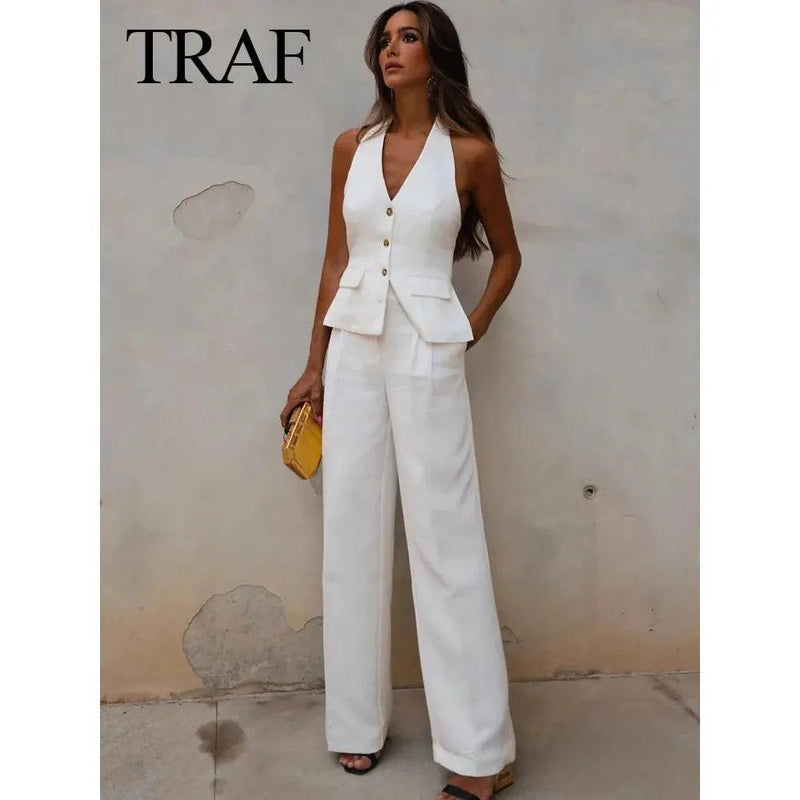 TRAF Women’s 2-Piece Set - Halter Neck Sleeveless Vest Top + High Waist Zipper Pocket Wide Leg Pants, Fashion Outfit - Faith Affinity