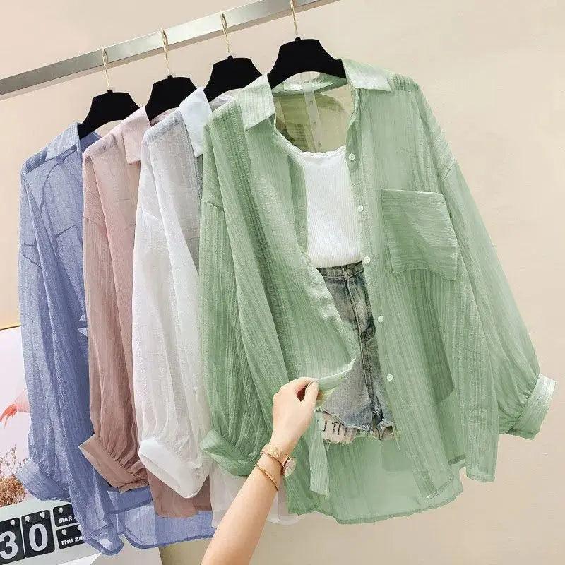 Women’s Summer Sunscreen Shirt - Elegant Perspective Thin Chiffon Blouse, Korean Harajuku See-Through Loose Top & Casual Cardigan - Faith Affinity