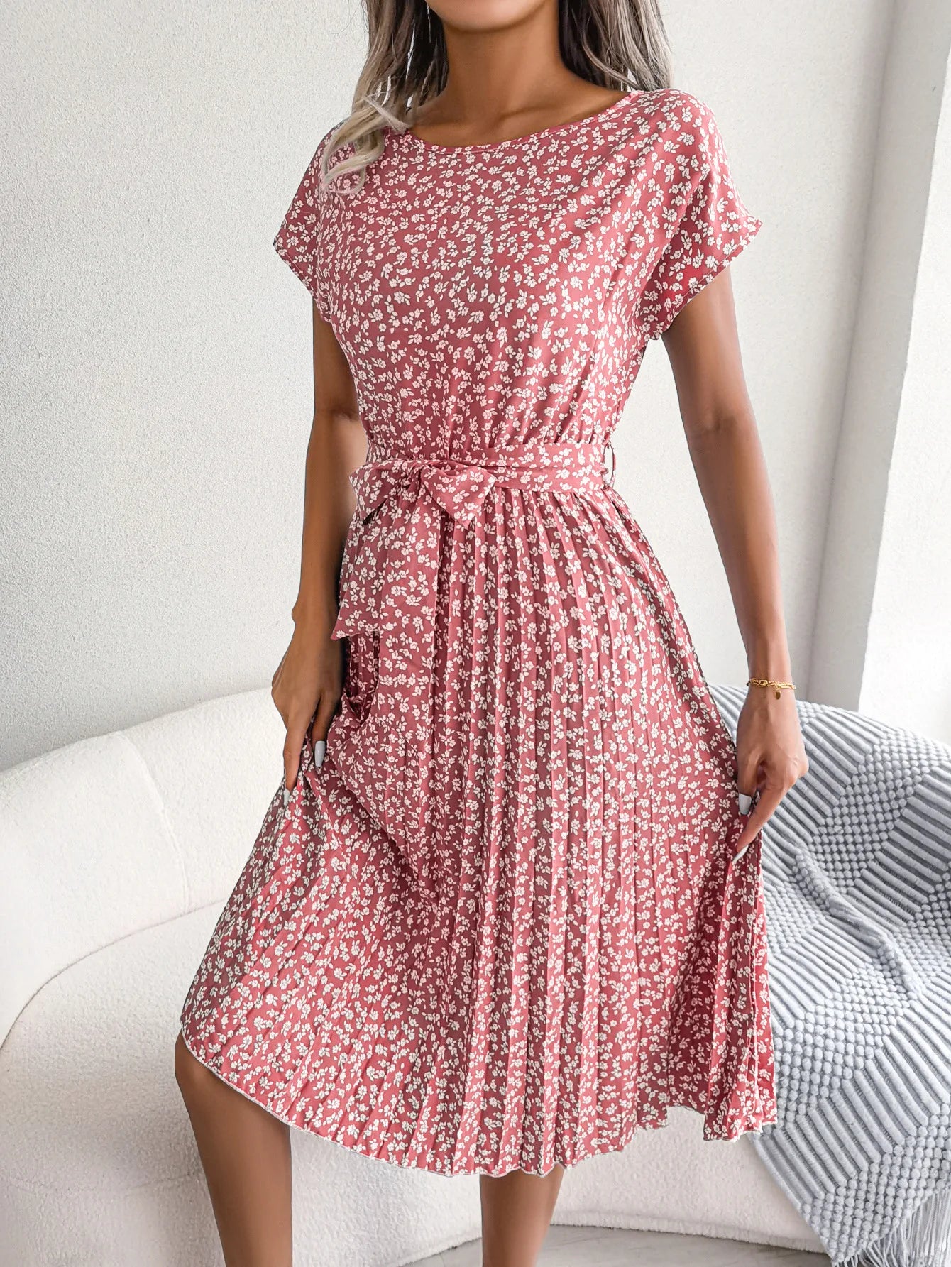 "Women's Floral High Waist A-Line Long Dress - Spring Summer Chic Fashion, Short Sleeve Pleated Maxi Dress"