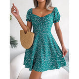 "Spring Summer Floral Ruffles Mini Dress for Women - Square Collar, Casual A-Line Dress with Flare Sleeves and Lace-Up Detail" - Faith Affinity