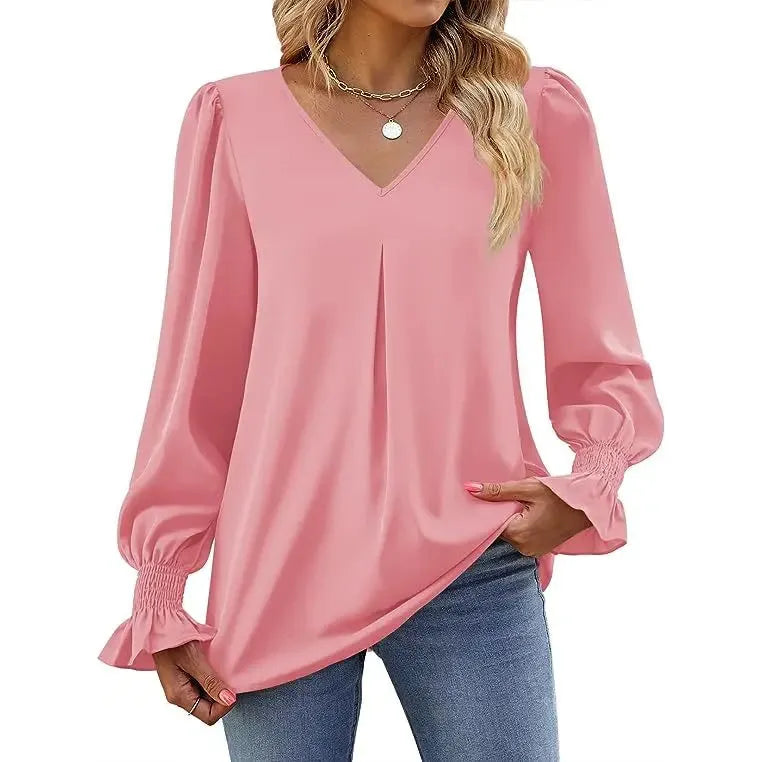 "Women’s Solid Color Chiffon Shirt – V-Neck Pullover Flared Long Sleeves Office Blouse in Elegant Khaki" - Faith Affinity