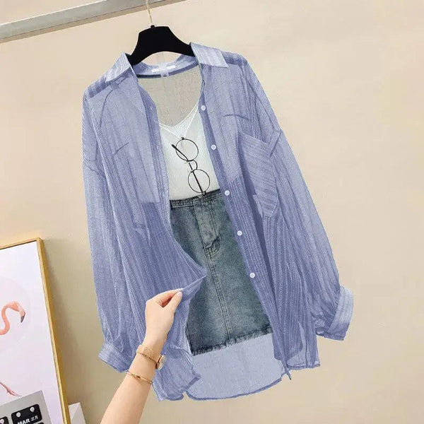 Women’s Summer Sunscreen Shirt - Elegant Perspective Thin Chiffon Blouse, Korean Harajuku See-Through Loose Top & Casual Cardigan - Faith Affinity