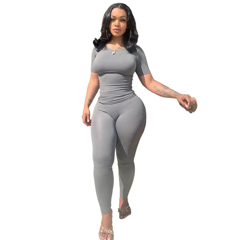 "Women's Lounge Wear Ribbed Casual 2-Piece Summer Shorts Set - Fashion Top & Elastic Leggings Outfits"