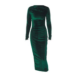 "Dulzura Velvet Long Sleeve Midi Dress for Women – Ruched Elegant Party Wear, Spring Summer 2024 Evening Green Outfi - Faith Affinity