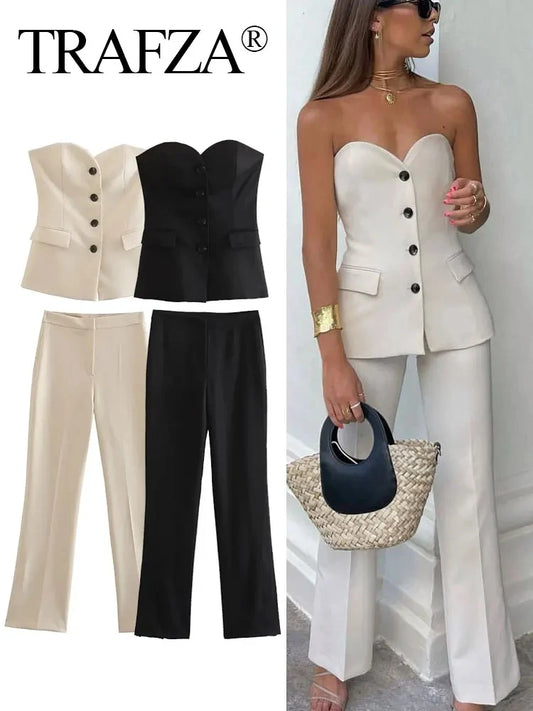 "TRAFZA Women’s Elegant Solid Pant Suit - Front Button Strapless Sexy Tank Top & Side Slit Trouser, Fashion Streetwear Set"