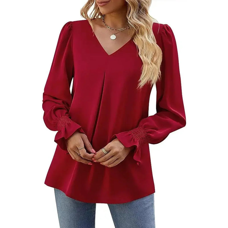 "Women’s Solid Color Chiffon Shirt – V-Neck Pullover Flared Long Sleeves Office Blouse in Elegant Khaki" - Faith Affinity