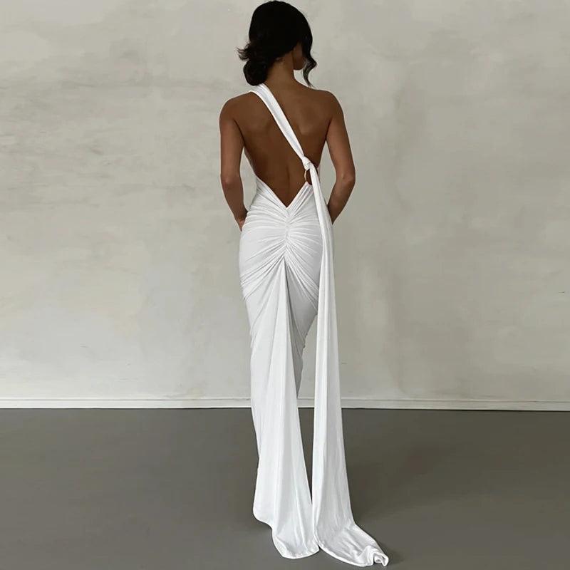 Hugcitar 2025 Women’s One-Shoulder Backless Ruched Maxi Dress - Sexy Adjustable Y2K Streetwear Festival Outfit - Faith Affinity